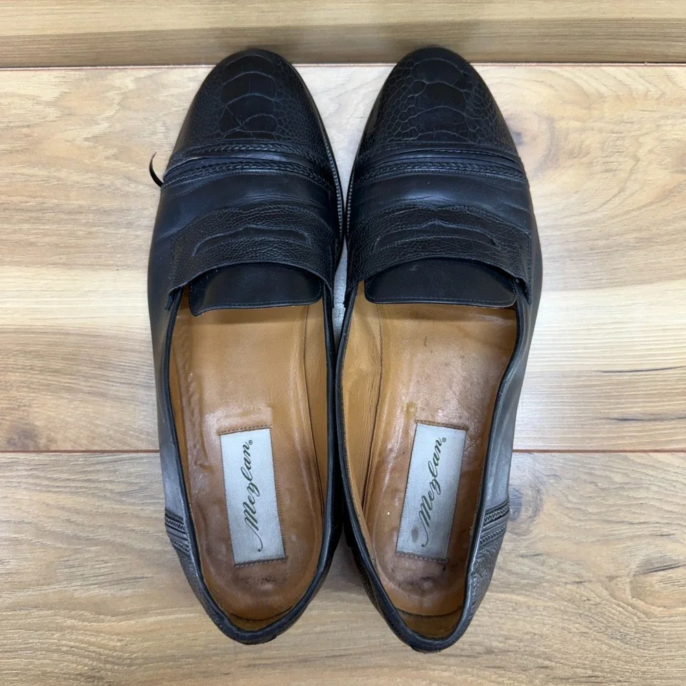 MEZLAN FLAWED Ostrich Leg Penny Loafers Mens 9 M Black Leather Dress Slip On